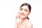 Beautiful young Asian  woman with clear fresh skin touch her own face . Facial treatment, skin cleanser, cosmetology, beauty and