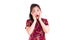 Beautiful Young asian woman wear chinese dress traditional cheongsam or qipao. With shocked facial expression