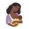 Beautiful young black african american mother breastfeeds her baby. A woman hugs a baby and feeds it with breast milk.