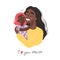Beautiful young black african american woman and her charming little daughter. Girl hugs mom and smiles. Mothers day greeting card