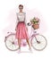 Beautiful young blond hair girl standing near bicycle. Fashion girl. Pretty woman in skirt. Girl in pink fluffy tulle skirt.