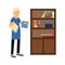 Beautiful young blonde woman housewife wiping dust from a bookcase, home cleaning and homework Illustration