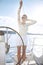 Beautiful young blonde woman, riding a boat on the water, itinerary, beautiful makeup, clothing, summer, sun, perfect body fi