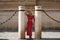 Beautiful young blonde woman from the United States is on a sightseeing trip in Seville, Spain. The girl leans between the columns