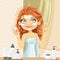Beautiful young brunette woman puts wet hair styling mousse in the bathroom
