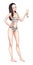 Beautiful young brunette woman in swimsuit holding champagne glass. Beach party pin-up girl, summer holidays. Vector comic