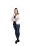 Beautiful young businesswoman jacket, jeans whole height