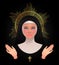 Beautiful young catholic nun with golden halo, open blessing han