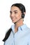 Beautiful young consulting manager with headset on white background