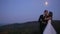 Beautiful young couple, charming bride lean to shoulder of lovely groom. Newlywed pair kissing outdoor in evening park