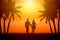 Beautiful young couple holding hands at sunset. Honeymoon travel concept