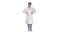 Beautiful young doctor changing poses on white background.