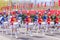 Beautiful young drummers in the form of hussars at the victory parade