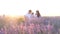 Beautiful young family dad and mom with little girl sitting on picnic at sunset in lavender field.