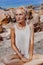 Beautiful young fashion model on the beach. Close up portrait of boho model with sparkling boho accessories