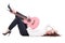 Beautiful young female guitarist lying down on white floor