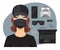 Beautiful Young Girl Hacker in Data Security Concept. You Have Been Hacked. Black Cap, Glasses, Mask, Laptop, Phone, Paper Clips,