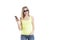 Beautiful young girl in jeans sunglasses smartphone isolated