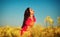 Beautiful young girl in a red dress posing in a field with canola. Happy woman on the nature. Spring season, warm day