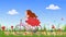 Beautiful young girl in red dress riding bike on spring flowering field, vector with noise and texture.