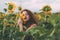 Beautiful young girl with red wavy hair and freckles in stripped colourful dress enjoying nature on the field of sunflowers.