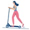 Beautiful young girl rides a scooter in a slide in bright sports clothes. Sport activity  healthy lifestyle. Flat vector