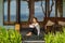 Beautiful young girl sits on the veranda the bungalow near the ocean beach in Bali island Indonesia