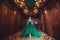 Ð beautiful young girl standing in a haute couture green dress in a luxurious interior.