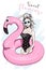 Beautiful young girl in swimsuit swimming with pink inflatable flamingo. Sketch. Summer set.