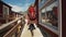 Beautiful young girl traveler go to the wooden pier on the background of traditional red rorbu traveling to Lofoten