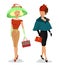 Beautiful young ladies in fashion clothes. Detailed graphic women characters with accessoties. Colorful stylish girls with bags.