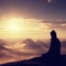 Beautiful young long hair girl tourist enjoy daybreak on the sharp corner of sandstone rock and watch over valley to Sun.