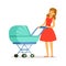 Beautiful young mother in red dress walking with her newborn baby in a blue pram colorful vector Illustration