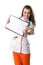 Beautiful young nurse showing folder