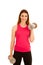 Beautiful young in pink t shirt woman work out with dumbbells i