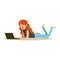 Beautiful young redhead woman lying on her stomach while using her laptop, colorful character vector Illustration