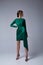 Beautiful young sexy woman thin slim figure evening makeup fashionable stylish dress clothing collection, brunette, green silk