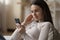 Beautiful young smartphone user woman reading text message