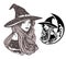 Beautiful young sorceress wearing traditional witch hat and moon crescent vector outline