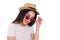 Beautiful young south east Asian woman wearing red frame sunglass eyewear hat pose fashion style white background look around copy