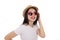 Beautiful young south east Asian woman wearing red frame sunglass eyewear hat pose fashion style white background look around copy