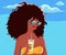 Beautiful young tanned woman with yellow sunglasses and black curly hair holding lemon cocktail