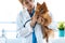 Beautiful young veterinarian woman using stethoscope to listening to the heartbeat of cute lovely pomeranian dog at veterinary