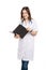 Beautiful young veterinary holding a folder, isolated over white