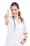 Beautiful young veterinary with thumbs up, isolated over white b