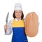 Beautiful Young Woman Chef with Cooking Knife and Wooden Cooking