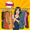 Beautiful Young Woman Choosing Clothes in her Wardrobe. Pop Art. Vector