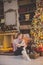 Beautiful young woman in a Christmas interior. Dressing a Christmas tree.