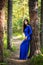 Beautiful, young woman dressed in a blue dress, on a background of a pine forest.