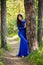 Beautiful, young woman dressed in a blue dress, on a background of a pine forest.
